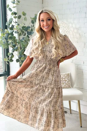 Taupe Floral Elastic Waist Dress
