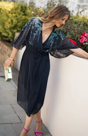 The Brittany Embellished Drape Sleeve Midi Wrap Dress (Navy)