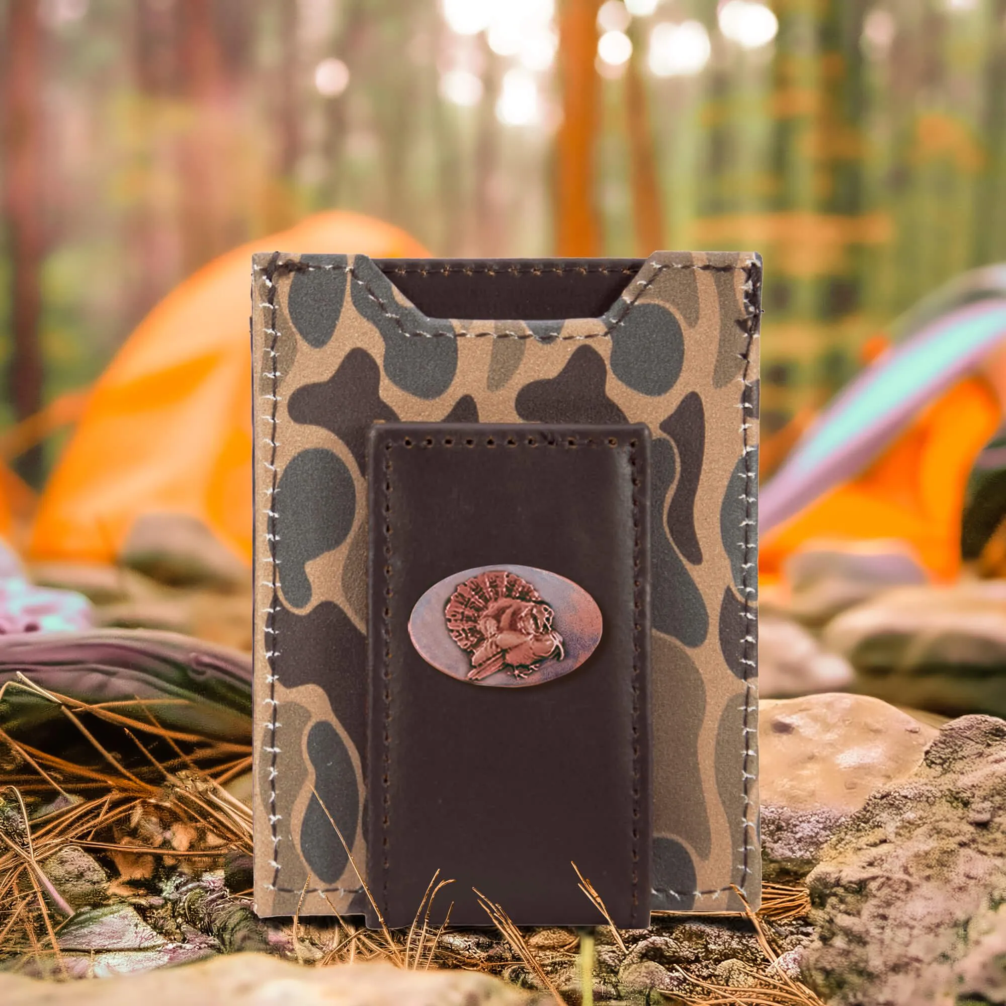 Turkey Men's Magnetic Front Pocket Old School Camo Leather Wallet.