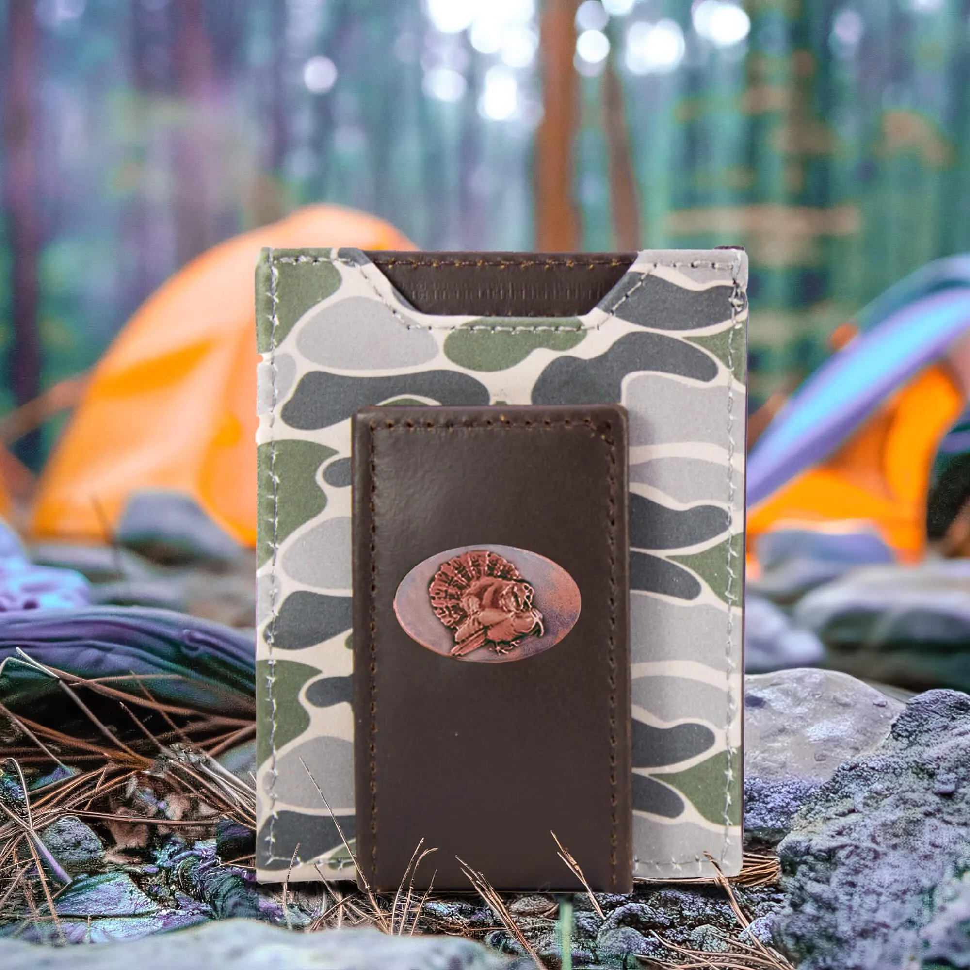 Turkey Men's Magnetic Front Pocket Old School Camo Leather Wallet.