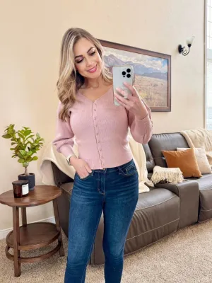 V Neck Button Up Cardigan in Rose