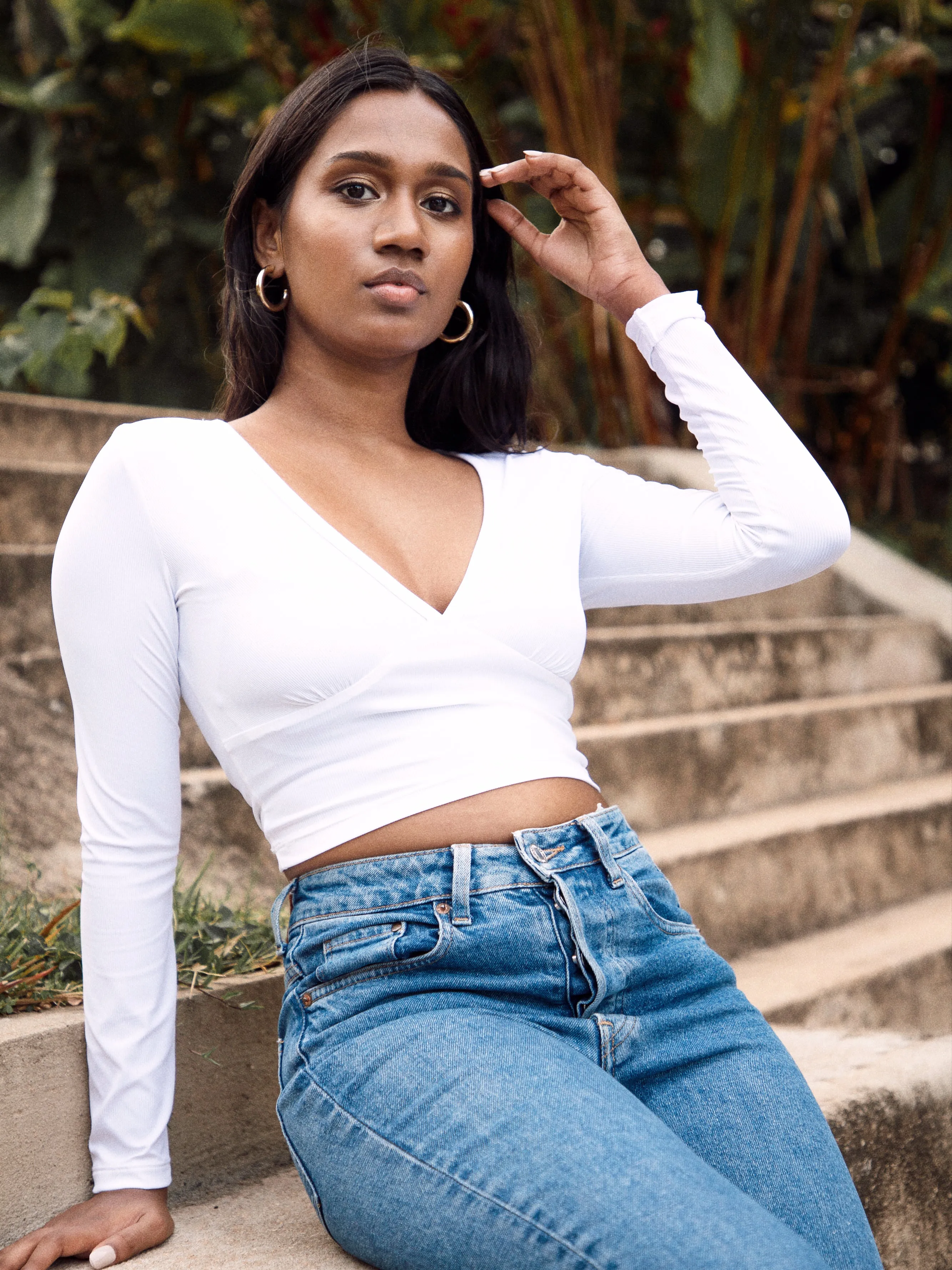 V Neck  Long Sleeve  Crop Top
