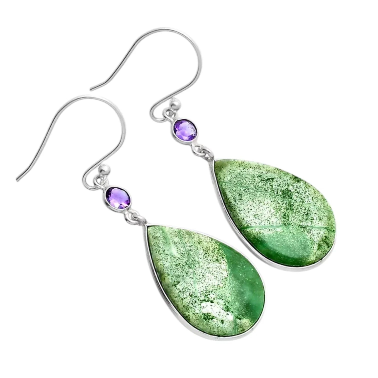 Variscite & Amethyst Solid 925 Sterling Silver Earrings