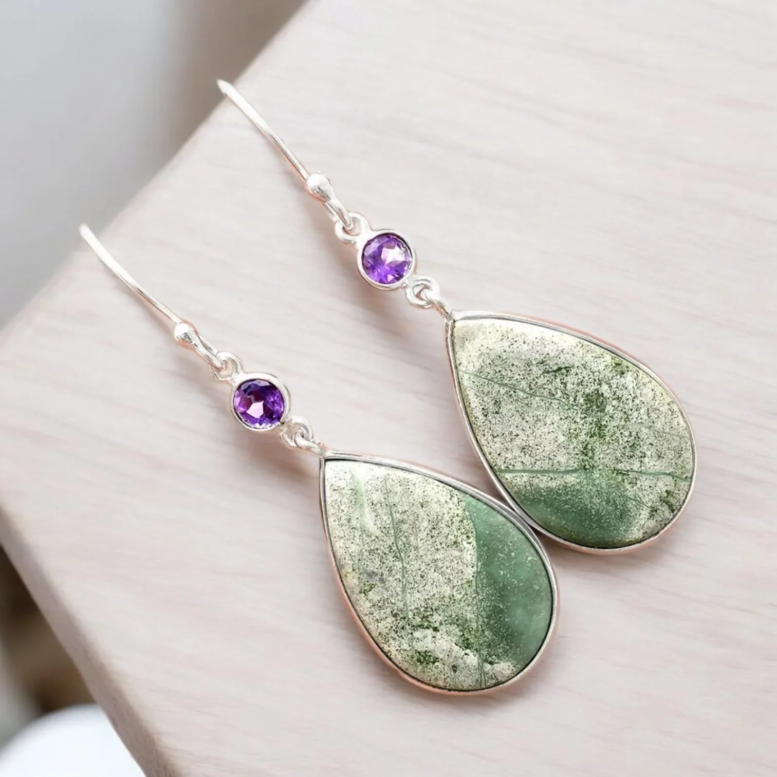 Variscite & Amethyst Solid 925 Sterling Silver Earrings