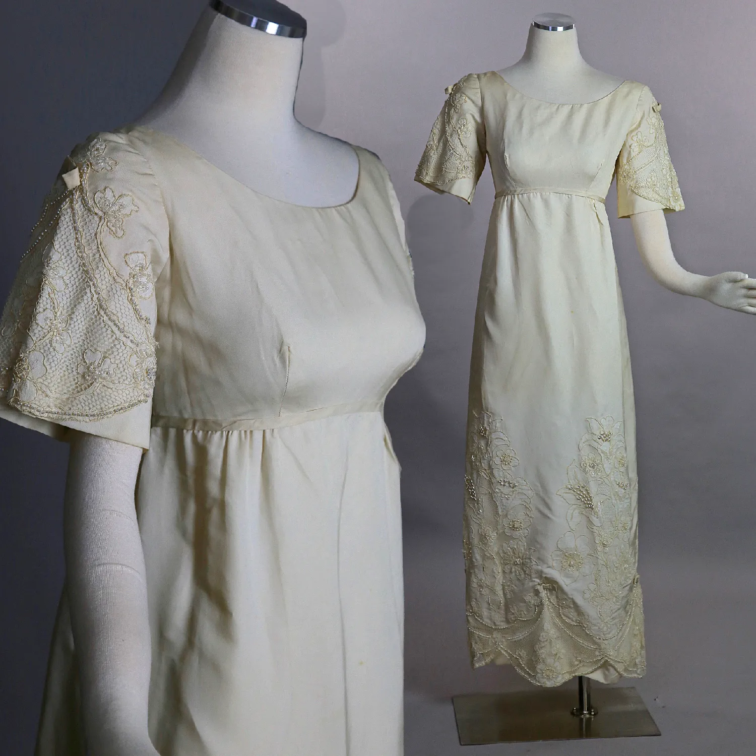 Vintage 60s wedding dress ivory silk w beaded lace retro bridal dress S Small