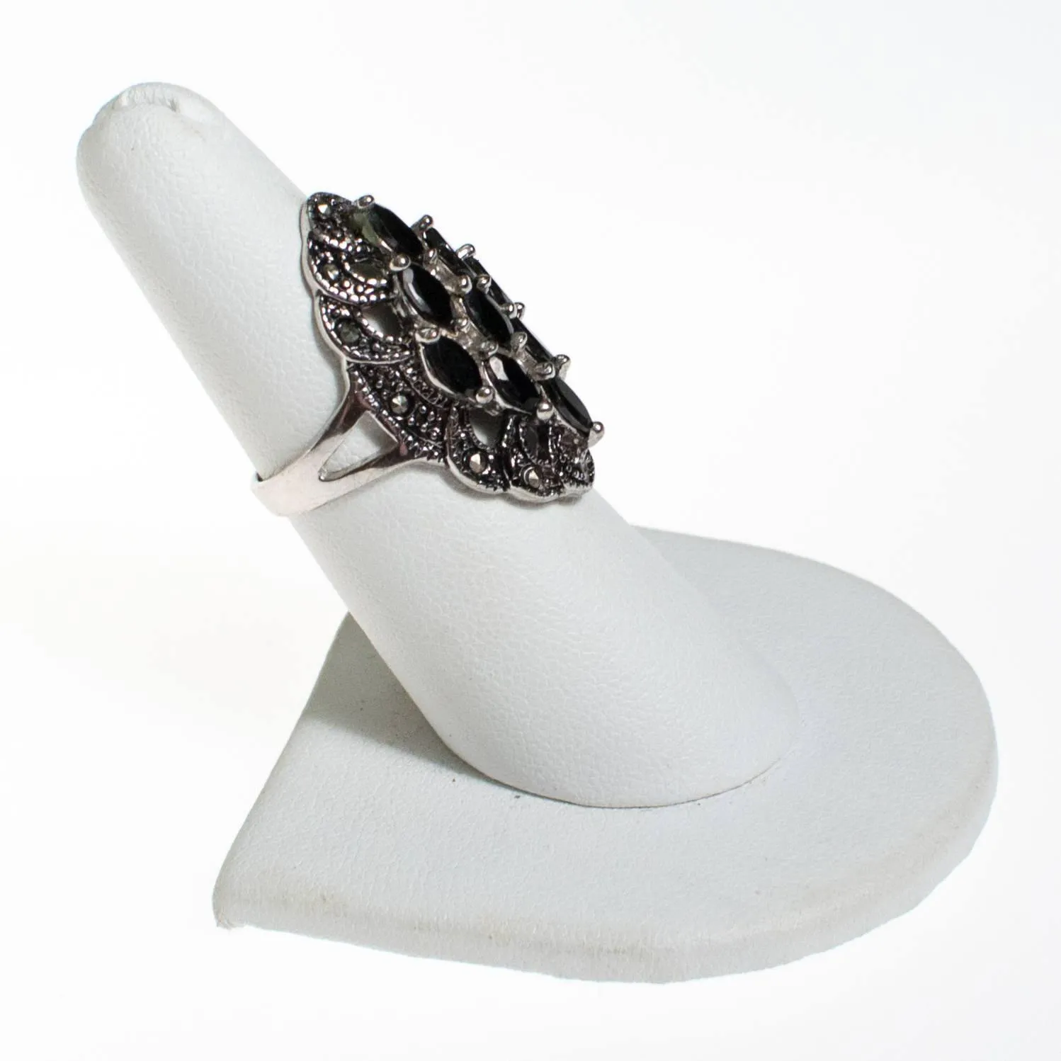 Vintage Hematite and Marcasite Victorian Gothic Revival Ring, Silver Setting