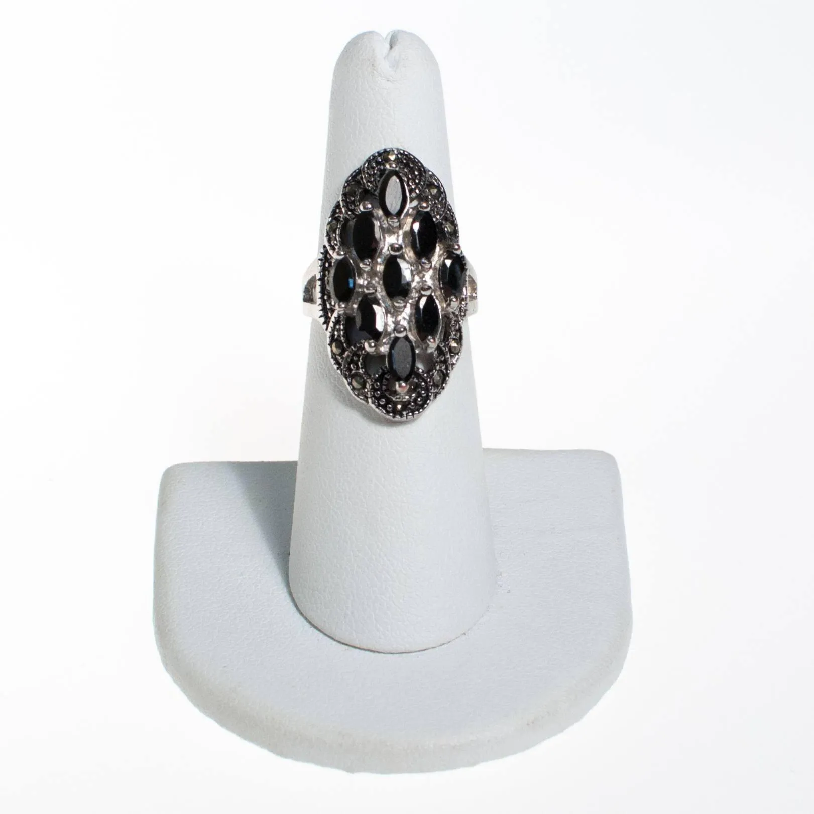 Vintage Hematite and Marcasite Victorian Gothic Revival Ring, Silver Setting