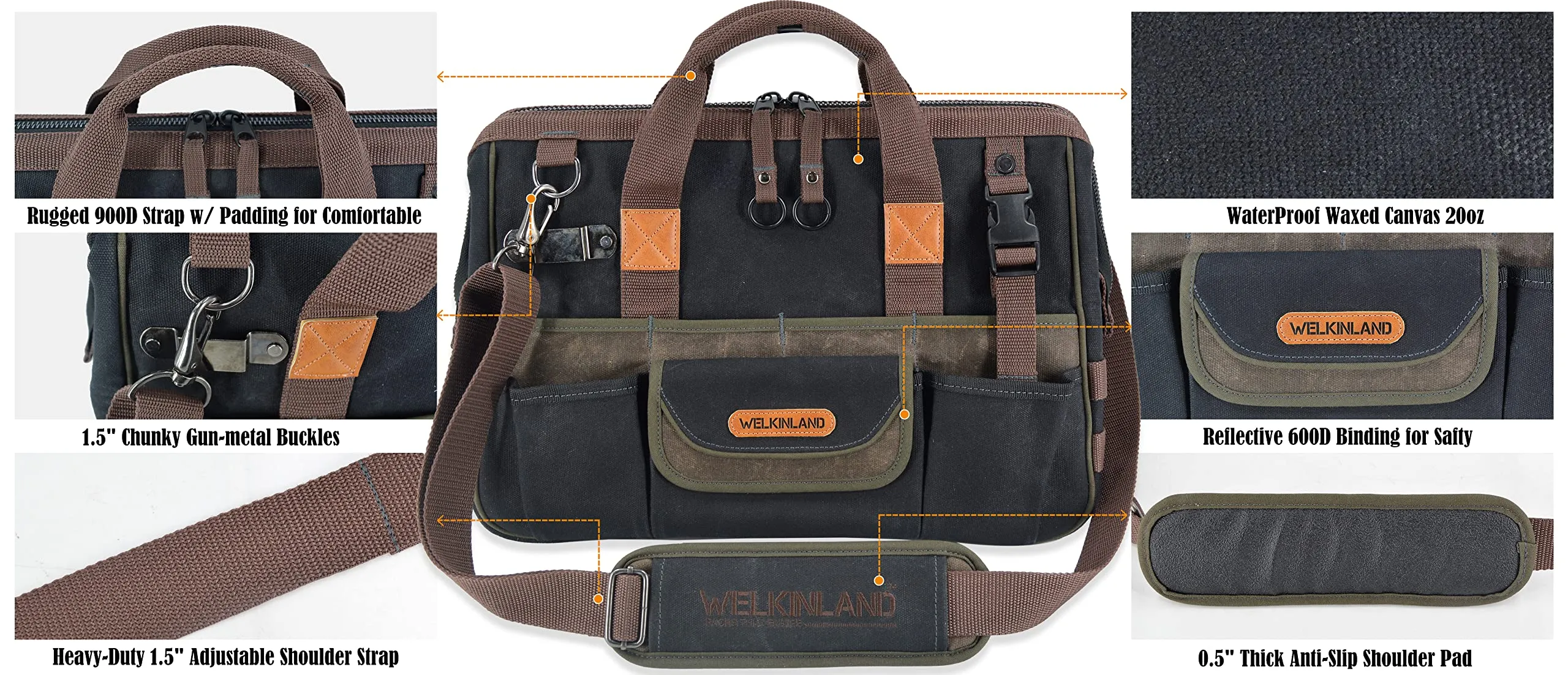 WELKINLAND Heavy-Duty Waxed Canvas tool bag, 32-Pockets, 16"