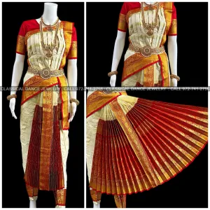 WHITE CREAM Ivory RED 38 Inch Pant length Kuchipudi Gold Zari Indian Dance Costume | Art Silk Dharmavaram Kanchi | Classical Dance Jewelry