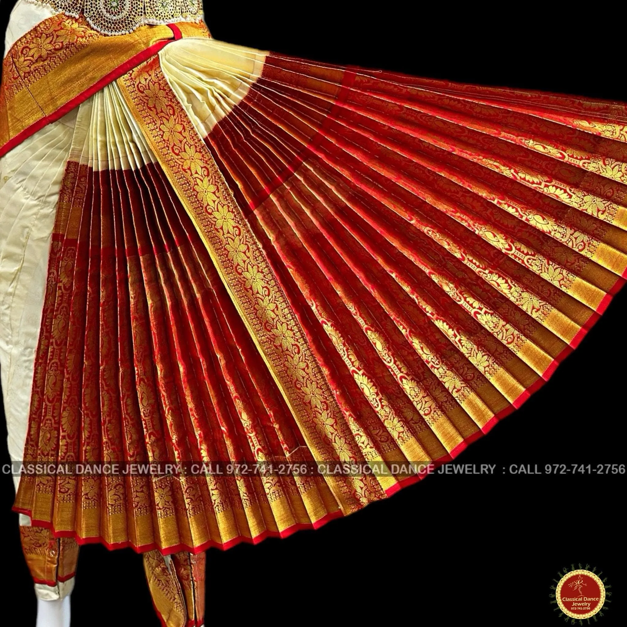 WHITE CREAM Ivory RED 38 Inch Pant length Kuchipudi Gold Zari Indian Dance Costume | Art Silk Dharmavaram Kanchi | Classical Dance Jewelry