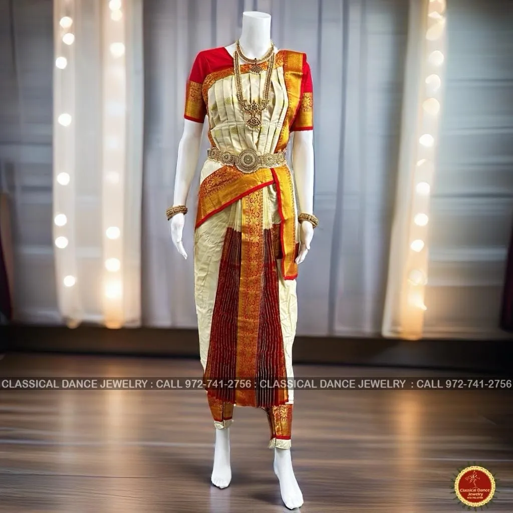 WHITE CREAM Ivory RED 38 Inch Pant length Kuchipudi Gold Zari Indian Dance Costume | Art Silk Dharmavaram Kanchi | Classical Dance Jewelry