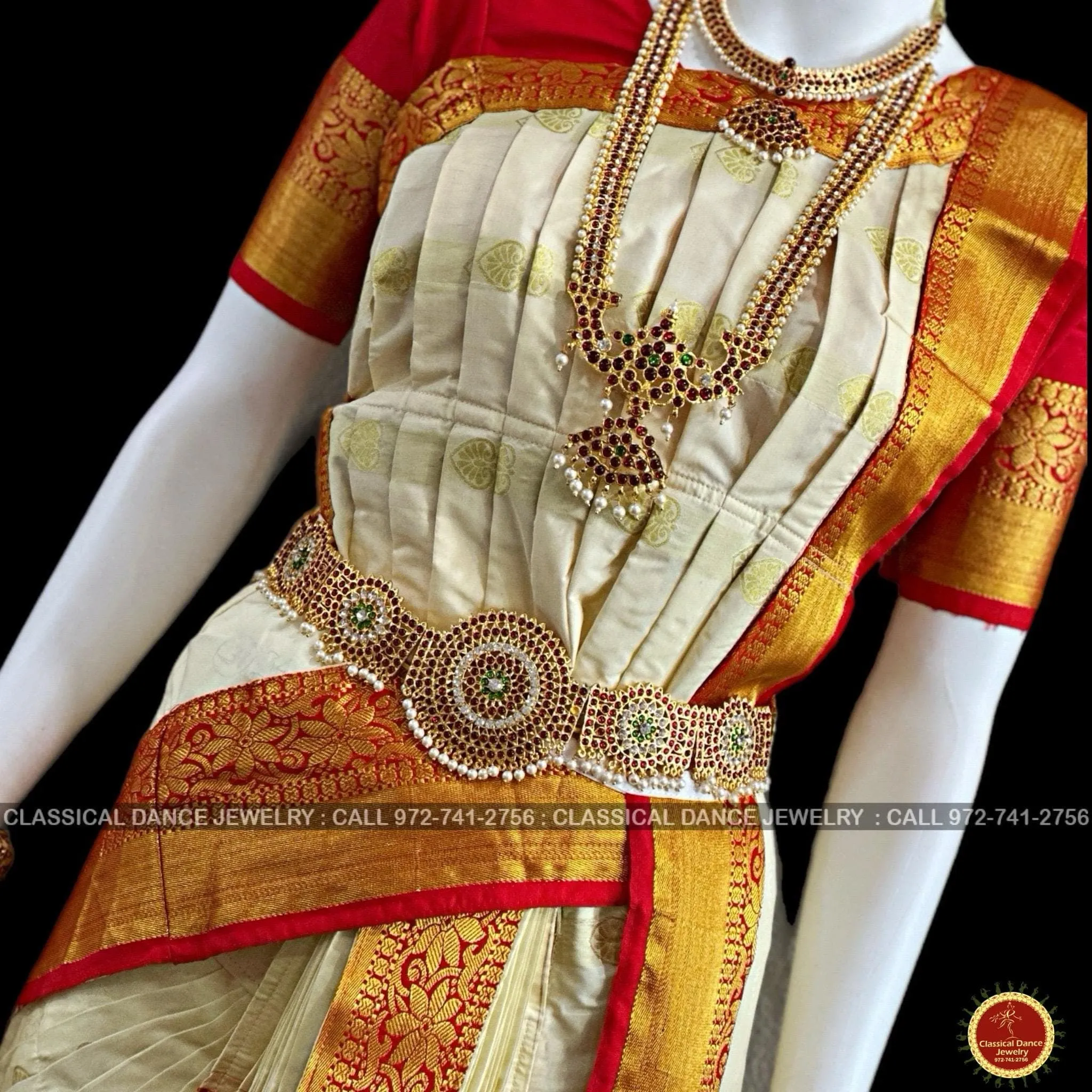 WHITE CREAM Ivory RED 38 Inch Pant length Kuchipudi Gold Zari Indian Dance Costume | Art Silk Dharmavaram Kanchi | Classical Dance Jewelry