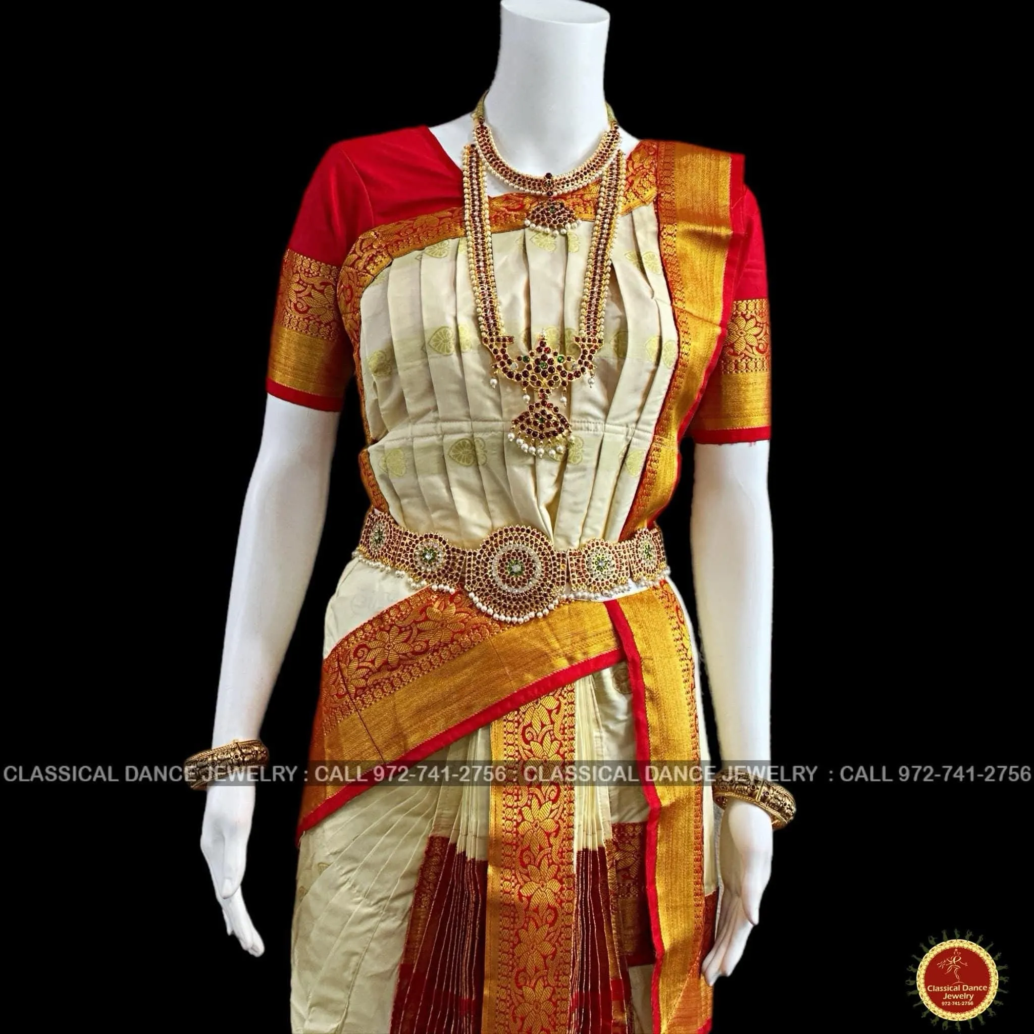 WHITE CREAM Ivory RED 38 Inch Pant length Kuchipudi Gold Zari Indian Dance Costume | Art Silk Dharmavaram Kanchi | Classical Dance Jewelry