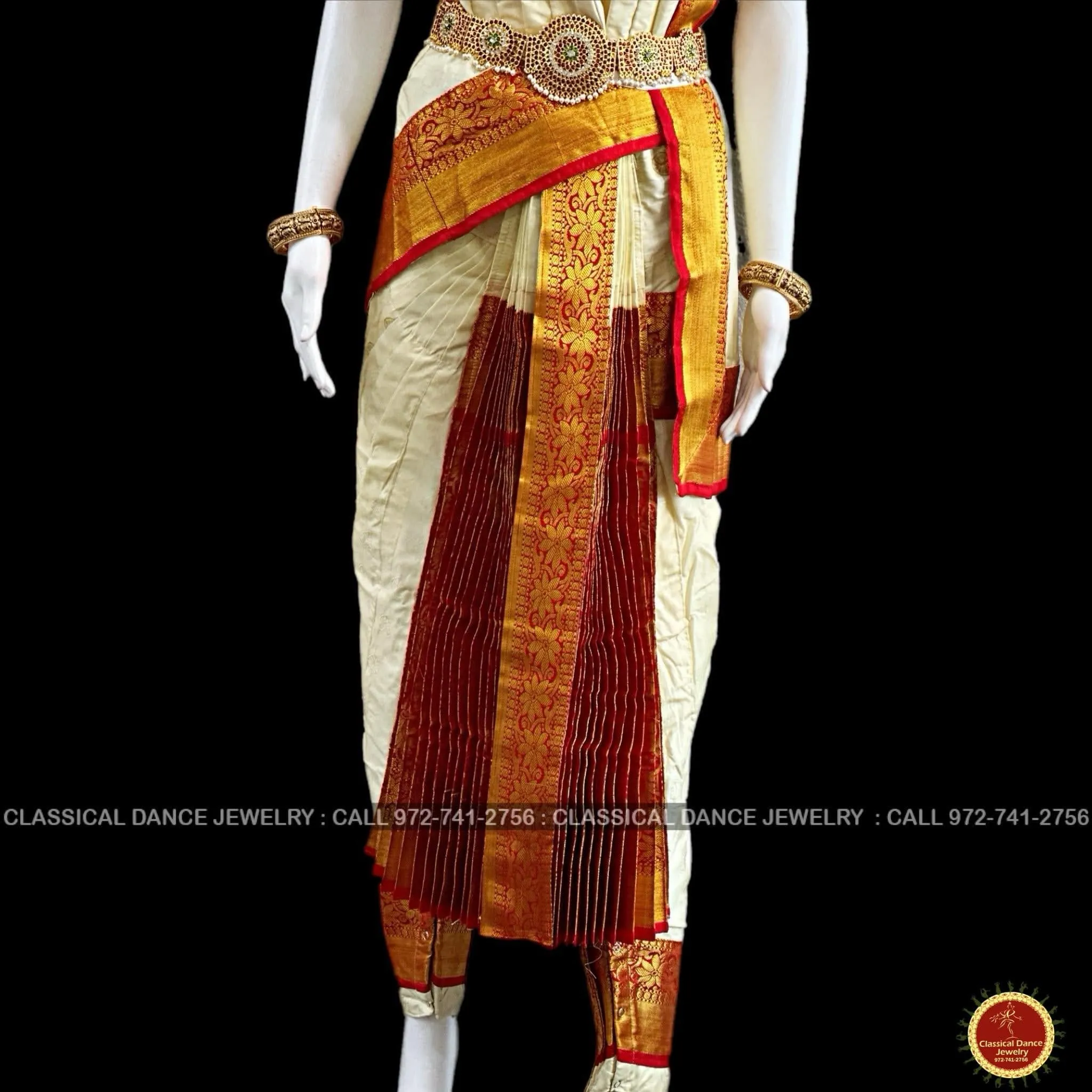 WHITE CREAM Ivory RED 38 Inch Pant length Kuchipudi Gold Zari Indian Dance Costume | Art Silk Dharmavaram Kanchi | Classical Dance Jewelry