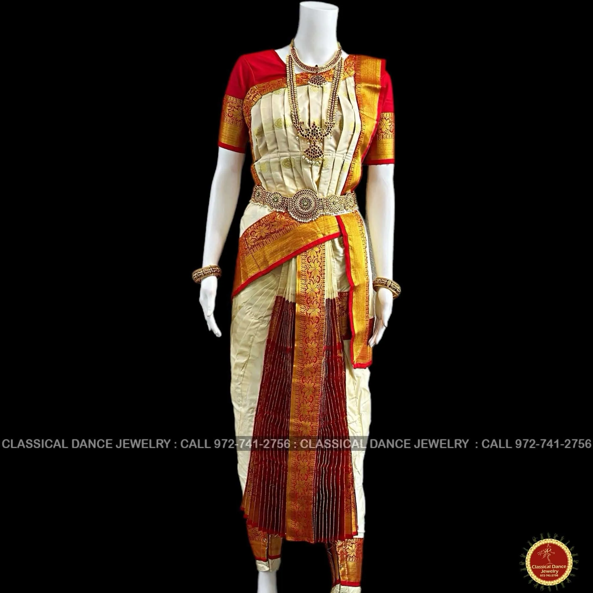WHITE CREAM Ivory RED 38 Inch Pant length Kuchipudi Gold Zari Indian Dance Costume | Art Silk Dharmavaram Kanchi | Classical Dance Jewelry