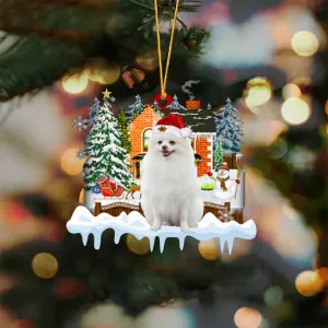 WHITE Pomeranian-Xmas House-Two Sided Ornament