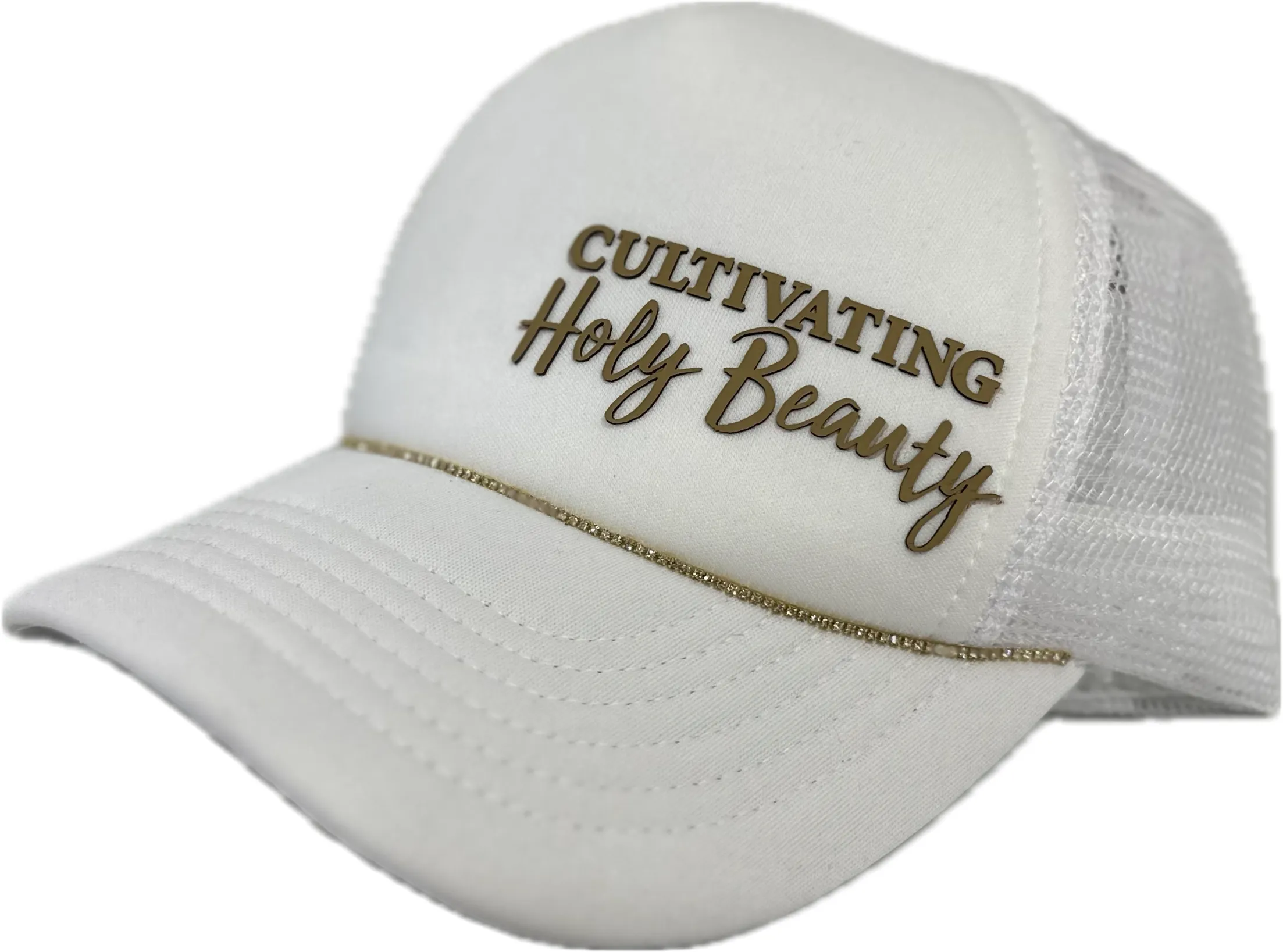 White Trucker Hat w/ Tan Logo & ✨Bill Bling✨