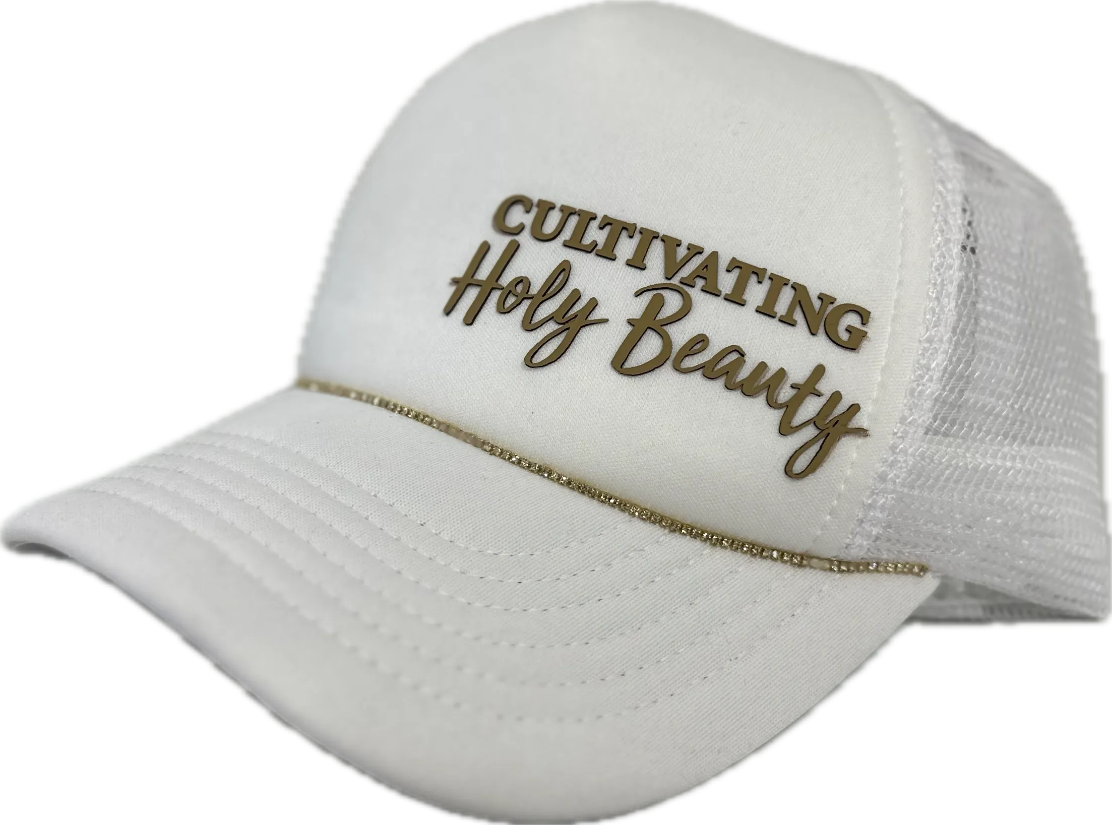White Trucker Hat w/ Tan Logo & ✨Bill Bling✨