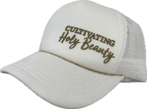 White Trucker Hat w/ Tan Logo & ✨Bill Bling✨