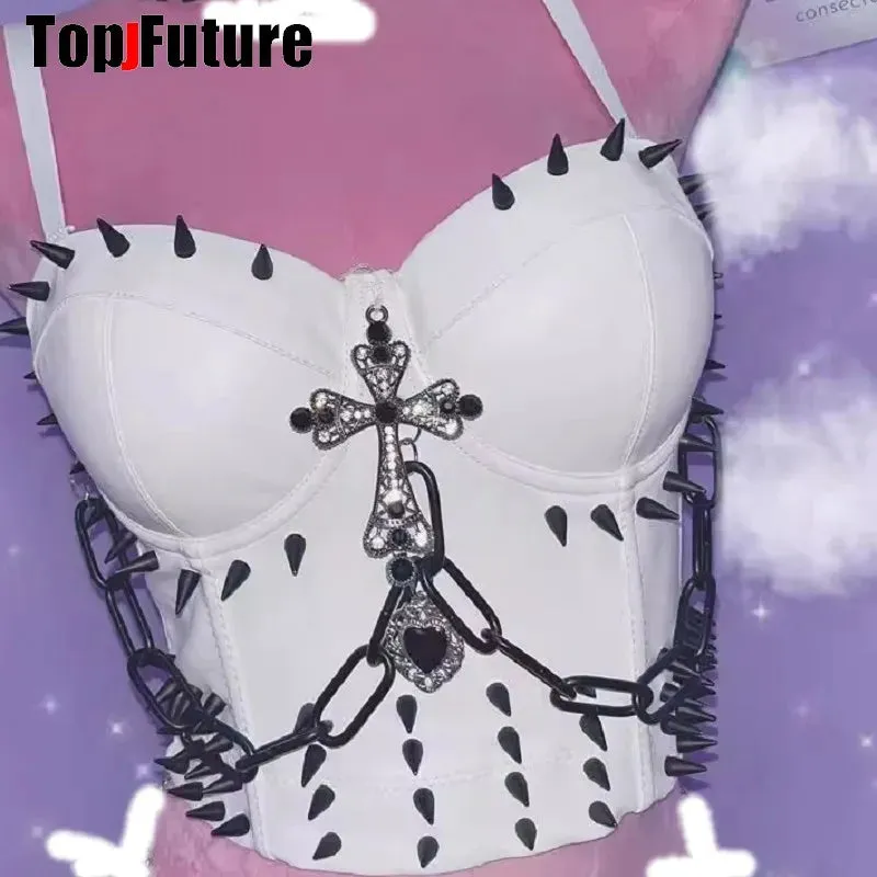 Women Gothic Lolita Punk Harajuku Streetwear Y2K Girl Cross Spike Trim Crop Top Rivet Skeleton Metal Chain Steampunk Tank Corset