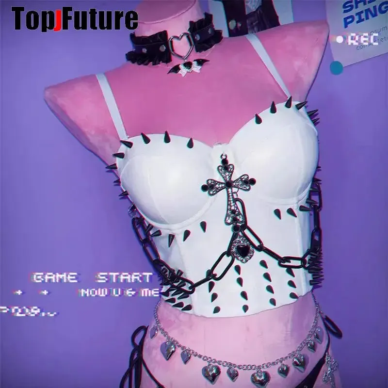Women Gothic Lolita Punk Harajuku Streetwear Y2K Girl Cross Spike Trim Crop Top Rivet Skeleton Metal Chain Steampunk Tank Corset