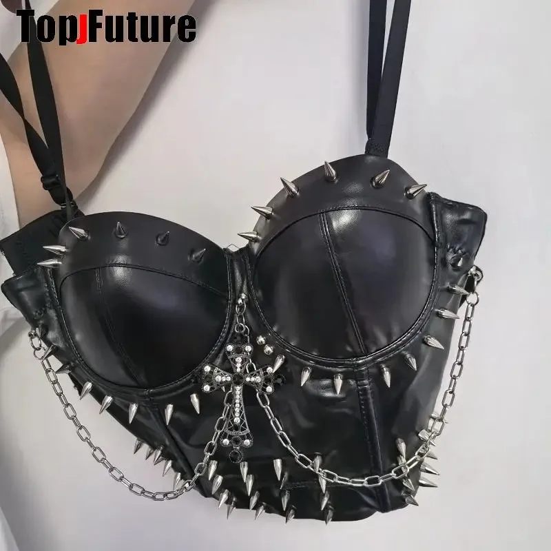 Women Gothic Lolita Punk Harajuku Streetwear Y2K Girl Cross Spike Trim Crop Top Rivet Skeleton Metal Chain Steampunk Tank Corset