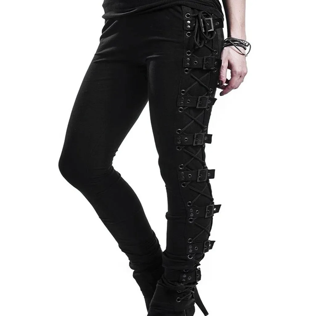 Women Gothic Style Black Pants Rivet Buckle Strap Casual Trouser Winter Spring Skinny Trousers Female Cosplay Sport Pencil Pant