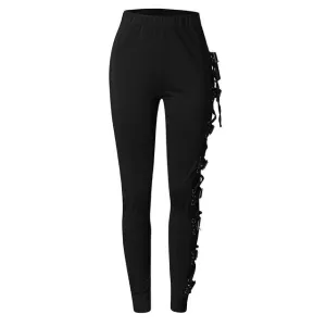 Women Gothic Style Black Pants Rivet Buckle Strap Casual Trouser Winter Spring Skinny Trousers Female Cosplay Sport Pencil Pant