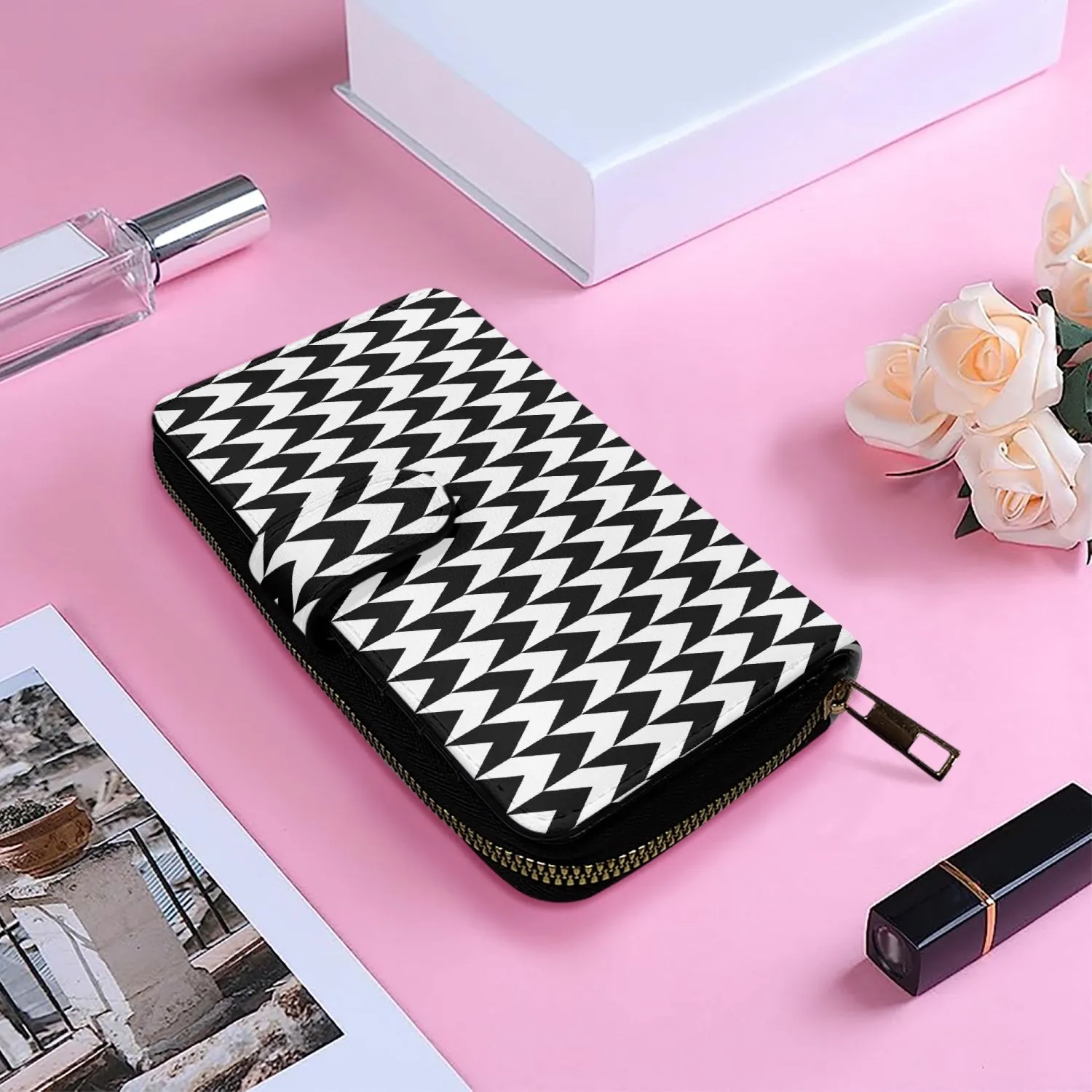 Women's Black and White Houndstooth Pattern Long Flap Wallet
