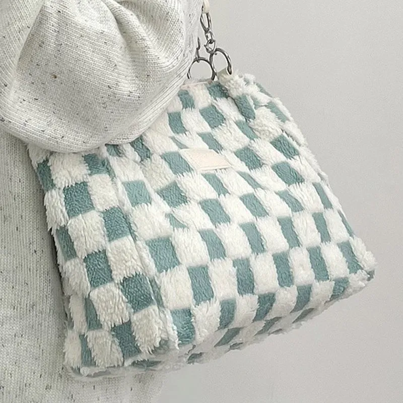 Women's Fashion Plush Plaid Shoulder Tote Bag