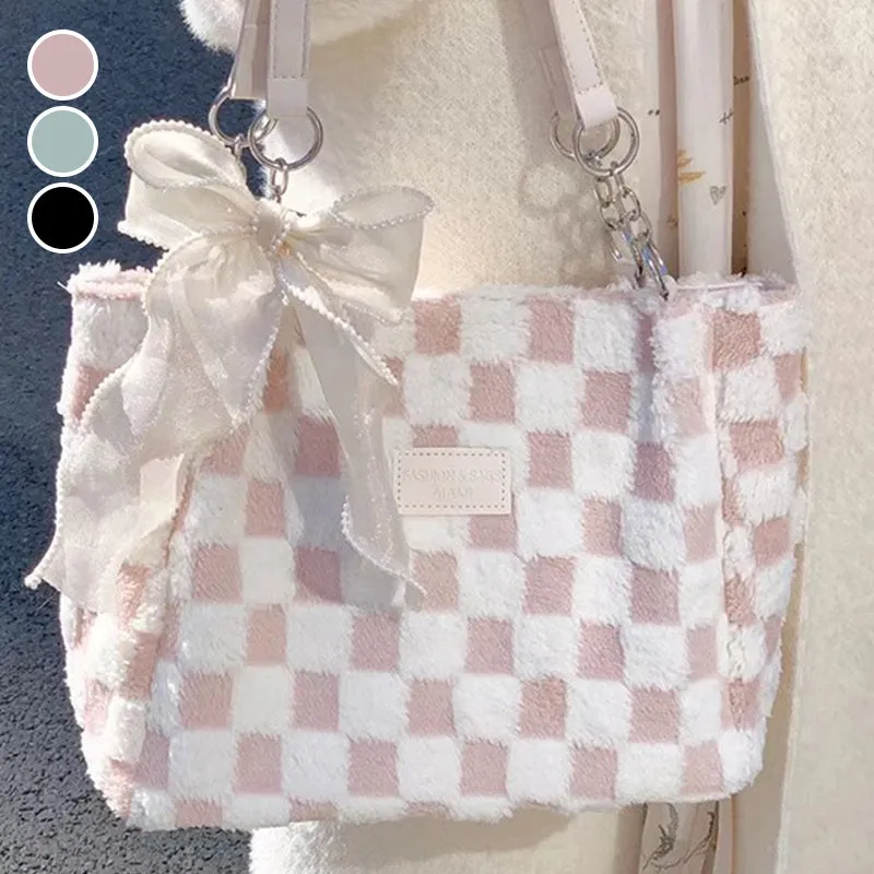 Women's Fashion Plush Plaid Shoulder Tote Bag