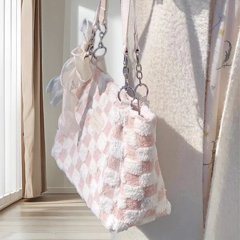 Women's Fashion Plush Plaid Shoulder Tote Bag