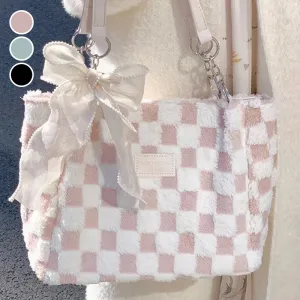 Women's Fashion Plush Plaid Shoulder Tote Bag