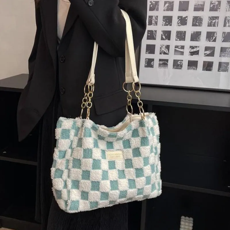 Women's Fashion Plush Plaid Shoulder Tote Bag