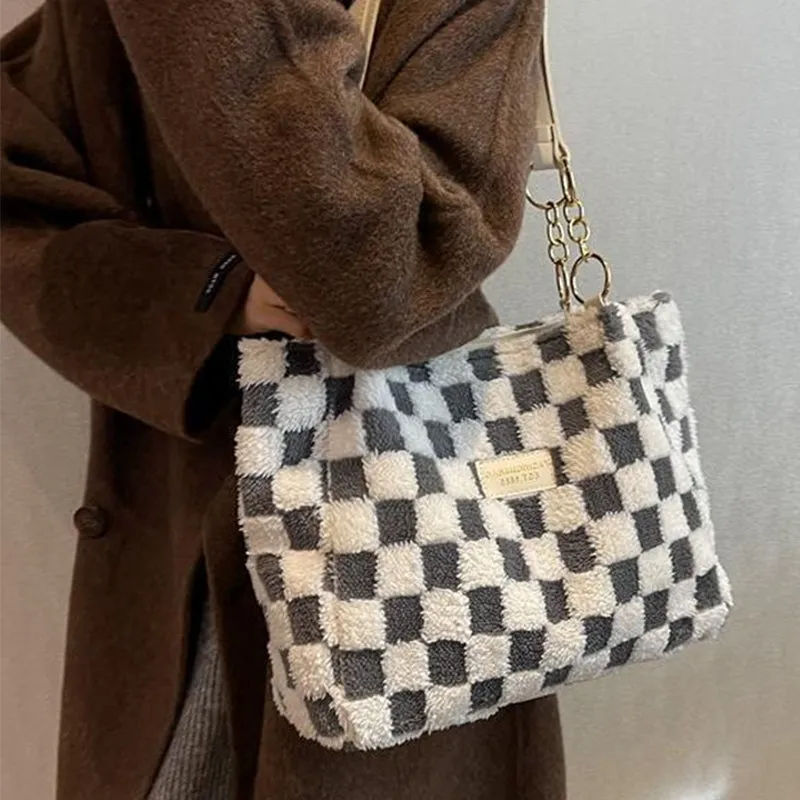 Women's Fashion Plush Plaid Shoulder Tote Bag