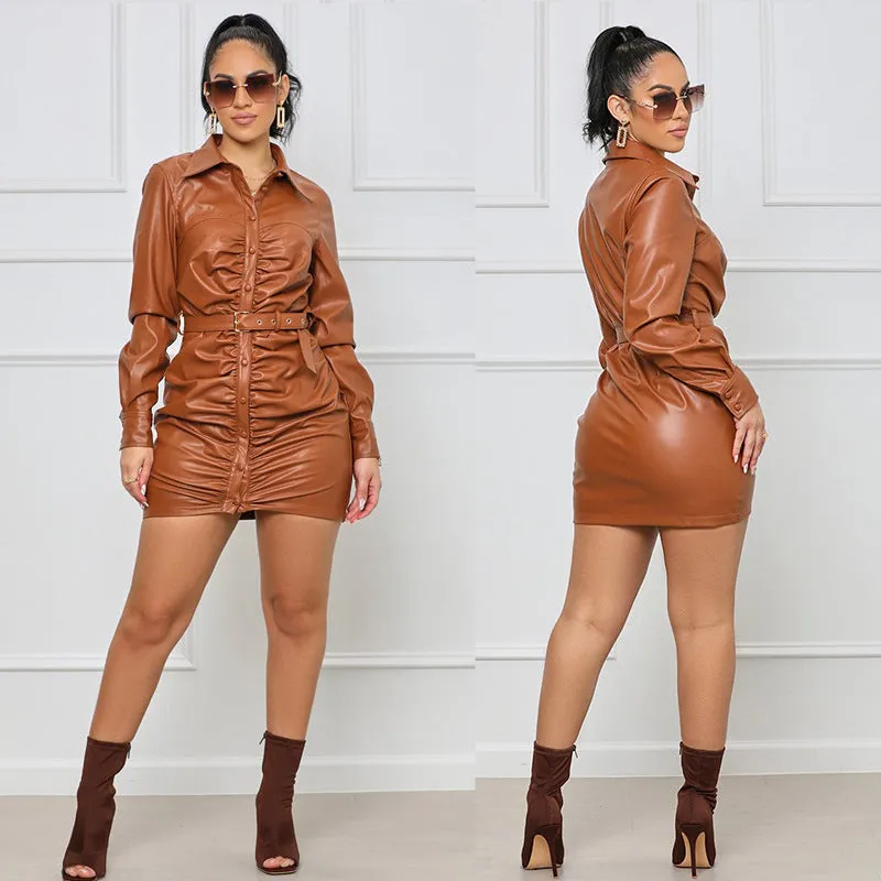 Women's Faux Leather Dress/Sexy Halter Dress/Khaki Leather Dress Birthday Dress/