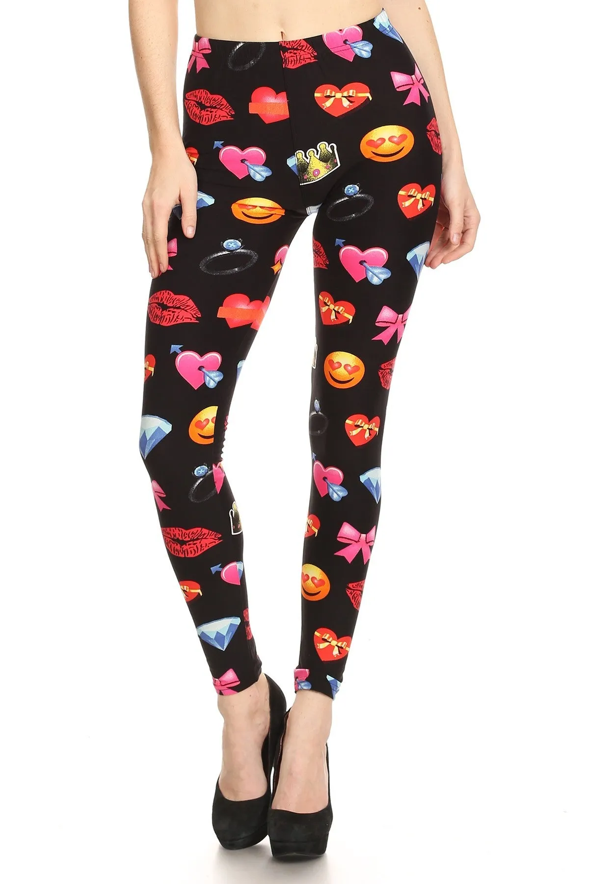 Women's Regular Emoji Heart Lips Pattern Printed Leggings