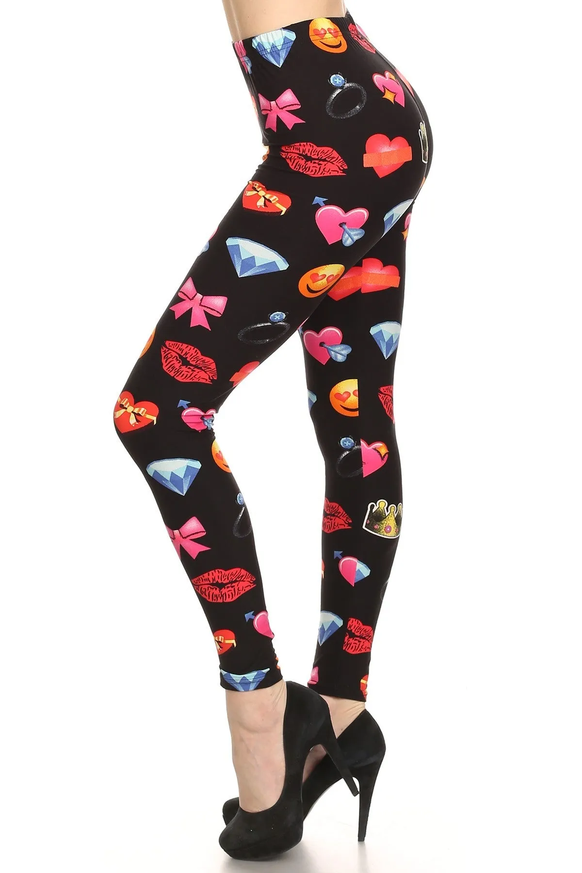 Women's Regular Emoji Heart Lips Pattern Printed Leggings